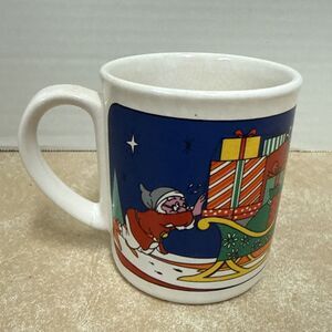 Vintage Christmas Holiday Santa Pulling Reindeer in Sleigh Mug Novelty Retro